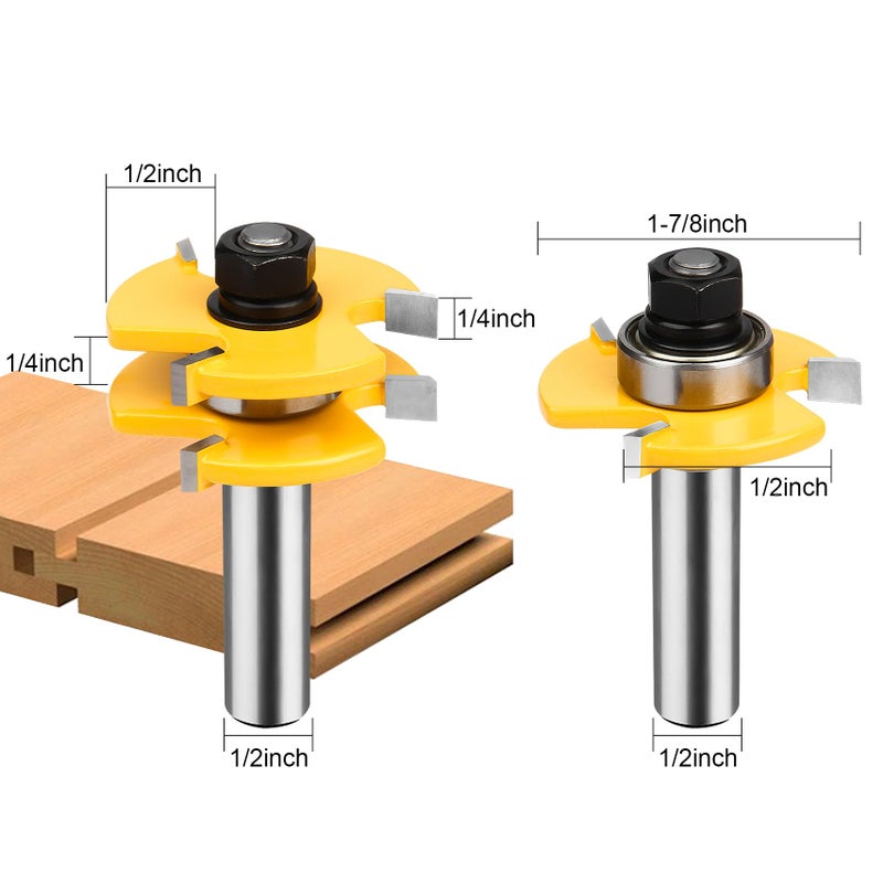 BAIDETS 1/2" Tongue and Groove Router Bits - Set of 2Pcs 1/2 Inch Shank Router Bit Set 3 Teeth Adjustable T Shape Wood Milling Cutter - Image 2